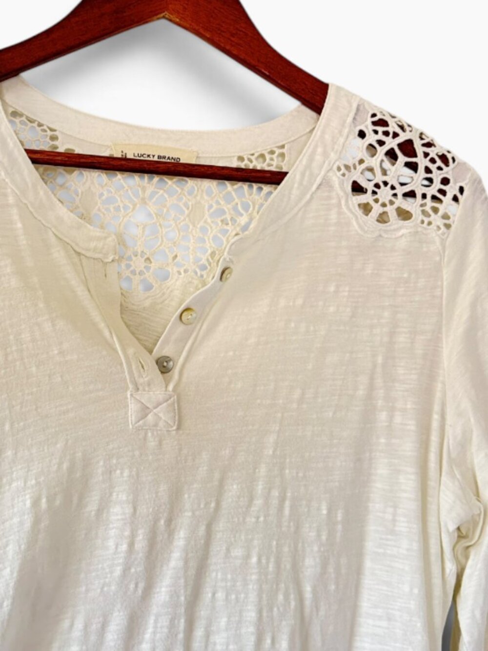 Lucky Brand Cotton Henley Lace Yoke White Long Sleeve Womens Cottagecore Medium